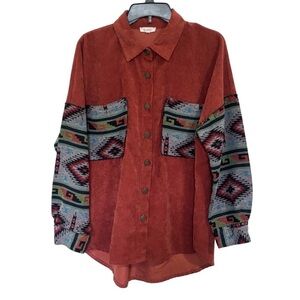 La Miel Southwestern Aztec Print Corduroy Shacket Oversized Small Boho Cowgirl